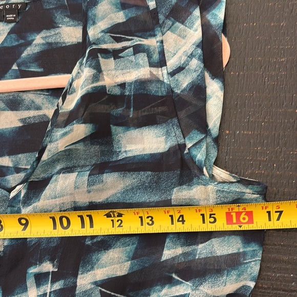 Theory 100% Silk Abstract Blue Teal Black Mini Ruffled Flutter Sleeves Dress 6 - Picture 8 of 14